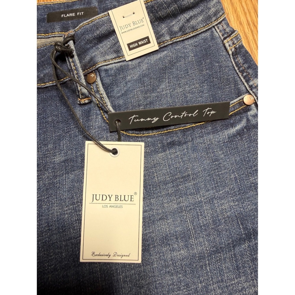 Judy Blue 20W Blue Flare Jeans High Waist Tummy Control Butt Lifting Raw Hem New - Picture 3 of 11
